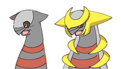  2018 altered_forme_giratina ambiguous_gender angry before_and_after black_sclera blursed_image duo feral generation_4_pokemon giratina happy horn inukami_hikari legendary_pokemon nintendo open_mouth pokemon pokemon_(species) red_eyes simple_background smile white_background 