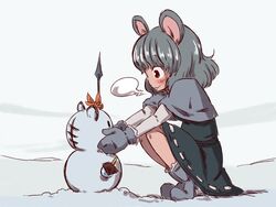  animal_ears bishamonten&#039;s_pagoda bishamonten&#039;s_spear breath capelet commentary_request dress female grey_dress grey_hair hair_ornament highres mittens mouse_ears nazrin polearm red_eyes smile snow snowman solo sonson_(eleven) spear squatting toramaru_shou touhou weapon 