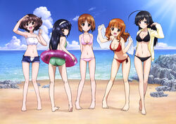  5girls :d absurdres ahoge akiyama_yukari arm_up arms_behind_back ass barefoot beach bikini black_bikini black_hair blue_shorts blush body_blush breasts brown_eyes brown_hair cleavage clenched_hand cloud collarbone day eyebrows full_body girls_und_panzer green_one-piece_swimsuit hairband halterneck head_tilt highres holding hood hooded_jacket huge_ahoge innertube isuzu_hana jacket leaning_forward long_hair long_sleeves looking_at_viewer looking_back medium_breasts multiple_girls navel nishizumi_miho official_art one-piece_swimsuit open_clothes open_jacket open_mouth outdoors pink_bikini red_bikini reizei_mako rock short_hair short_shorts shorts sky small_breasts smile standing sugimoto_isao sunlight swim_ring swimsuit takebe_saori towel unbuttoned very_long_hair water white_bikini 