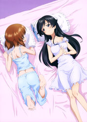  2girls absurdres ahoge barefoot bed_sheet black_eyes black_hair blue_camisole blue_pants body_blush breasts brown_eyes brown_hair camisole cleavage closed_mouth collarbone feet frilled_pillow frills girls_und_panzer highres huge_ahoge interlocked_fingers isuzu_hana knees_together_feet_apart long_hair looking_at_another lying medium_breasts multiple_girls nightgown nishizumi_miho off_shoulder official_art on_back on_stomach pants pillow purple_nightgown short_hair sideways_mouth small_breasts smile sugimoto_isao swept_bangs very_long_hair yoshida_nobuyoshi 