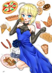  :o absurdres ahoge aqua_eyes artoria_pendragon_(fate) asymmetrical_clothes bare_shoulders basil_leaf bendy_straw black_gloves blonde_hair blue_dress blue_flower blue_rose blush bowl braid breasts burger collarbone commentary corn_dog crown_braid cup doughnut dress drinking_glass drinking_straw eating egg_(food) elbow_gloves fate_(series) female flower food food_request french_fries gloves hands_up hardboiled_egg highres holding holding_food hot_dog ice ice_cream ice_cream_cone ice_cube kamaboko ketchup lace lace-trimmed_dress lace-trimmed_gloves lace_trim large_breasts layered_dress limitlimlim long_dress looking_at_viewer margherita_pizza mustard narutomaki noodles onion_rings open_mouth pizza rose saber_(fate) short_hair sidelocks signature simple_background sleeveless sleeveless_dress soft_serve solo spoon white_background 