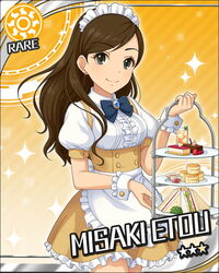  apron artist_request brown_hair card_(medium) character_name earrings etou_misaki_(idolmaster) female green_eyes idolmaster idolmaster_cinderella_girls jewelry maid_headdress official_art orange_background solo star_(symbol) sun_symbol waist_apron 