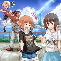  1boy 3girls abigail_(final_fight) angry arm_behind_back black_shirt black_skirt black_socks blonde_hair blue_eyes blue_shorts blue_skirt brown_eyes brown_hair casual closed_eyes cloud cloudy_sky commentary_request day denim denim_shorts fangs fence final_fight girls_und_panzer katyusha_(girls_und_panzer) kicking kitayama_miuki laughing lifting_person miniskirt mohawk multiple_girls nishizumi_maho nishizumi_miho ocean ooarai_(ibaraki) ooarai_marine_tower outdoors parted_lips pleated_skirt print_shirt purple_skirt shirt shirt_tug short_hair short_shorts short_sleeves shorts shout_lines siblings sisters skirt sky socks standing t-shirt tearing_up 