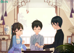  2boys absurdres ahoge bad_id bad_pixiv_id black_hair blue_dress brown_hair chinese_clothes closed_eyes daojia_xiaojie_ye_xiang_chengwei_mofa_shaonu dress facing_viewer female flat_chest folding_fan glasses hair_between_eyes hair_bun hand_fan hanfu highres indoors lattice long_hair long_sleeves looking_at_another looking_at_viewer multiple_boys original photoshop_(medium) playing_games qinghua_(porcelain) railing sidelocks single_hair_bun sitting table taku_michi vase very_long_hair window 