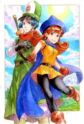  1boy alena_(dq4) breasts cape clift closed_mouth commentary_request curly_hair dragon_quest dragon_quest_iv dress female gloves hat long_hair orange_hair pantyhose sio2_(nisankakeiso) skirt yellow_dress yellow_skirt 