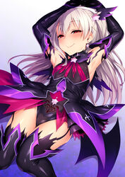  armpits arms_up blue_eyes breasts commentary_request corruption dark_persona earrings elbow_gloves evil_smile fate/kaleid_liner_prisma_illya fate_(series) female garter_straps gloves gradient_background hair_between_eyes hair_ornament heart heart_tattoo illyasviel_von_einzbern jewelry long_hair looking_at_viewer lying magical_girl on_back prisma_illya pubic_tattoo red_eyes satou_kuuki see-through showgirl_skirt small_breasts smile solo tattoo testament_(fate) thighhighs white_hair 