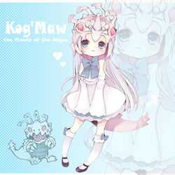  blue_bow blue_eyes blush bow character_name commentary detached_sleeves dress female genderswap_(mtf) kog&#039;maw konatsu_miyu league_of_legends long_hair long_sleeves personification rule_63 smile solo tail white_dress white_hair 