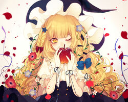  anemone_(flower) apple bad_apple!! black_skirt blonde_hair blue_bow blue_flower blunt_bangs blurry bow braid commentary_request covering_own_mouth daimaou_ruaeru depth_of_field eyelashes female flower food frilled_sleeves frills fruit gloves hair_flower hair_ornament hairbow hairclip hat high-waist_skirt holding holding_food holding_fruit kirisame_marisa lens_flare long_hair looking_at_viewer one_eye_closed petals plant poppy_(flower) puffy_short_sleeves puffy_sleeves red_bow red_flower ribbon ribbon-trimmed_clothes ribbon_trim shirt short_sleeves side_braid skirt solo sparkle star_(symbol) star_hair_ornament touhou upper_body vines wavy_hair white_flower white_gloves white_shirt witch_hat yellow_eyes 