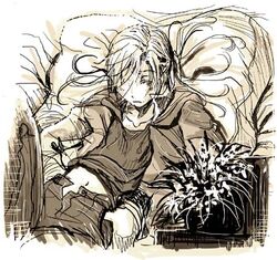  1boy alphonse_elric androgynous commentary_request conqueror_of_shambala flower frown fullmetal_alchemist hair_over_one_eye jacket kiwakiwa long_hair looking_away lowres male_focus monochrome navel open_pants pants pillow shirt solo 