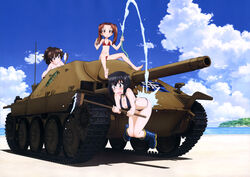  3girls absurdres ass bare_shoulders beach bikini black_bikini black_hair breasts brown_eyes brown_hair cleavage collarbone day emblem flat_chest girls_und_panzer glasses hair_ornament high_ponytail highres holding holding_hose holding_mop hose jagdpanzer_38(t) kadotani_anzu kawashima_momo koyama_yuzu long_hair medium_breasts military military_vehicle monocle mop motor_vehicle multiple_girls navel ocean official_art ooarai_(emblem) outdoors red_bikini short_hair stomach sugimoto_isao swimsuit tank turtle washing_vehicle water white_bikini 