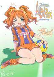  albirex_niigata blush color_connection dated female green_eyes highres idolmaster idolmaster_(classic) inoue_sora j._league long_hair looking_at_viewer open_mouth orange_hair orange_shorts shorts signature smile soccer soccer_uniform solo sportswear takatsuki_yayoi twintails 