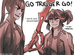  2girls alternate_hairstyle bad_id bad_twitter_id black_hair blush english_text gym_uniform jacket jacket_on_shoulders kill_la_kill kill_la_kill_final_episode_scissor_blade_relay_(meme) kiryuuin_satsuki letterman_jacket matoi_ryuuko meme multiple_girls ponytail radiostarkiller scissor_blade_(kill_la_kill) side_ponytail smile spoilers thick_eyebrows twitter_username wavy_mouth 