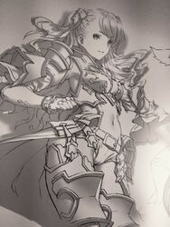  armor beatrix_(granblue_fantasy) cape commentary_request female granblue_fantasy highres itou_ben long_hair monochrome solo 