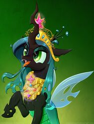  2018 arthropod changeling crown deusexequus elements_of_harmony equid eyebrows eyelashes eyeshadow fangs female feral floppy_ears friendship_is_magic green_background green_eyes hair hasbro headgear hi_res hole_(anatomy) hooves horn insect_wings long_hair makeup mammal mascara my_little_pony nude open_mouth open_smile portrait pupils queen_chrysalis_(mlp) sharp_teeth simple_background slit_pupils smile solo teal_hair teeth text tiara tongue tongue_out url watermark wings 