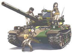  4girls asymmetrical_bangs bird black_footwear black_hair boots braid brown_footwear brown_hair brown_jacket caterpillar_tracks chi-hatan_(emblem) chi-hatan_military_uniform closed_eyes commentary_request duck emblem fukuda_haru girls_und_panzer glasses hair_rings hair_tie helmet hosomi_shizuko hug hug_from_behind jacket lifting_person long_hair long_sleeves looking_at_another military military_uniform military_vehicle miniskirt motor_vehicle multiple_girls nishi_kinuyo open_mouth pleated_skirt round_eyewear short_hair single_braid skirt smile standing star_(symbol) tamada_tamaki tank tewarusa twin_braids twintails type_74_(tank) uniform white_background yellow_skirt 