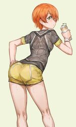  ass bare_legs bottle bra commentary_request dolphin_shorts female free_style_(yohan1754) from_behind green_eyes highres hoshizora_rin kneepits looking_back love_live! love_live!_school_idol_project orange_hair see-through shirt short_hair shorts solo standing sweat underwear wet wet_clothes wet_shirt wet_shorts wrist_cuffs 