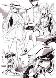  1boy ^_^ admiral_(kantai_collection) alternate_costume animal_ears bare_shoulders bismarck_(kantai_collection) breasts cleavage closed_eyes closed_eyes dog_ears dog_tail dress female hand_on_hip hand_on_hips hat hat_removed headwear_removed highres kantai_collection kemonomimi_mode looking_at_viewer monochrome oota_yuuichi peaked_cap sitting sleeping smile sun_hat sundress tail tail_wagging translated translation_request 