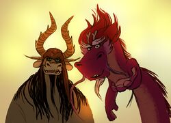  asian_mythology bovid bovine crossover cseed dragon dreamworks duo east_asian_mythology eastern_dragon facial_hair goatee green_eyes hair kai_the_collector kung_fu_panda long_(wish_dragon) long_hair male mammal mythological_creature mythological_scalie mythology scalie simple_background wish_dragon 