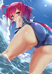  ass blue_sky cloud commentary_request day female from_behind hair_ribbon highres i-168_(kancolle) kantai_collection long_hair looking_at_viewer looking_back ocean one-piece_swimsuit ponytail red_eyes red_hair ribbon school_swimsuit school_uniform serafuku sky solo sun swimsuit unomi wading water wet wet_clothes wet_swimsuit 