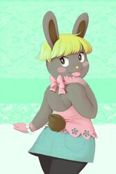  2019 animal_crossing badcactus blonde_hair blush bonbon_(animal_crossing) bottomwear bow_(feature) brown_body brown_eyes brown_fur clothed clothing denim denim_bottomwear denim_clothing denim_skirt female fur furgonomics hair halter_top jewelry lagomorph leggings legwear leporid looking_back mammal nintendo open_mouth pink_body pink_clothing pink_fur pink_shirt pink_topwear rabbit shirt simple_background skirt smile solo tail tail_through_skirt topwear yellow_nose 