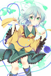  ahoge ashino blouse blue_hair boots collarbone commentary_request female green_eyes heart heart_of_string highres knee_boots komeiji_koishi leaf leaf_background long_sleeves looking_at_viewer no_headwear shirt short_hair simple_background skirt smile solo third_eye touhou white_background 