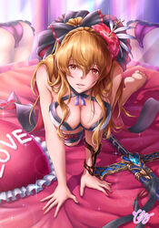  all_fours artist_name ass bad_id bad_pixiv_id bare_shoulders bed_sheet black_ribbon black_skirt blanket breasts cleavage cushion female flower granblue_fantasy hair_flower hair_ornament hair_ribbon hanging_breasts hibiscus highres large_breasts light_particles lips long_hair looking_at_viewer miniskirt mirror official_alternate_costume orange_hair panties parted_lips photoshop_(medium) ponytail purple_panties reflection ribbon rioreo sheath sheathed skirt solo swimsuit sword thighs underwear vira_(granblue_fantasy) vira_(summer)_(granblue_fantasy) weapon 