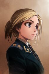  blonde_hair blue_eyes commentary epaulettes female kriss_sison military military_uniform natalia_poklonskaya necktie ponytail profile real_life short_hair solo uniform upper_body 