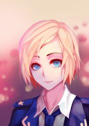  blonde_hair blue_eyes commentary female light_smile looking_at_viewer military military_uniform natalia_poklonskaya necktie real_life short_hair solo tianlluo uniform upper_body 