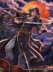  1boy bandages boots brown_hair cloud commentary_request copyright_name fingerless_gloves fire_emblem fire_emblem:_the_blazing_blade fire_emblem_cipher gloves hair_over_one_eye karel_(fire_emblem) long_hair male_focus moon night night_sky official_art sky solo sword takaya_tomohide teeth tree weapon yellow_eyes 