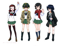  4girls ;d absurdres bandana black_hair black_socks blonde_hair brown_eyes caesar_(girls_und_panzer) collarbone copyright_name erwin_(girls_und_panzer) girls_und_panzer green_skirt hand_on_own_hip hands_in_pockets haori hat highres japanese_clothes long_hair multiple_girls muneate official_art one_eye_closed ooarai_school_uniform open_mouth oryou_(girls_und_panzer) pleated_skirt red_scarf saemonza_(girls_und_panzer) sakamoto_clan_(emblem) sanada_clan_(emblem) scarf school_uniform shirt short_hair simple_background skirt smile socks thighhighs white_background white_shirt zettai_ryouiki 