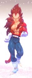  1boy abs absurdres backlighting bad_id bad_pixiv_id belt black_hair blue_eyes body_fur boots clenched_hands dragon_ball dragon_ball_gt gloves highres long_hair looking_at_viewer male_focus muscular nipples pants skin_tight smile solo spiked_hair standing super_saiyan super_saiyan_4 supobi tail topless_male vegeta 