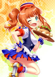  ;d aqua_eyes ass blue_panties blush brown_hair burger burger_skater_(idolmaster) commentary_request dress female food food_on_face from_behind hand_on_own_hip hat highres idolmaster idolmaster_(classic) long_hair looking_back one_eye_closed open_mouth panties pantyshot photoshop_(medium) roller_skates skates skirt smile solo standing takatsuki_yayoi tray twintails underwear waitress wrist_cuffs zen_(kamuro) 