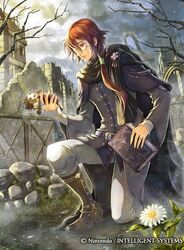  1boy belt book boots cape cloud commentary_request copyright_name doll earrings etzel_(fire_emblem) fire_emblem fire_emblem:_mystery_of_the_emblem fire_emblem_cipher flower jewelry long_hair low_ponytail male_focus monocle official_art rain red_eyes red_hair ring rock sky solo sparkle tree 