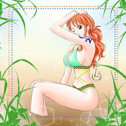  bare_arms bare_shoulders bikini breasts brown_eyes curvy female legs long_hair nami_(one_piece) one_eye_open one_piece orange_hair pixiv_id_24458387 sitting smile solo stomach swimsuit tattoo thighs tied-hair wink 