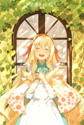  ^_^ aged_down apron arched_window blonde_hair blue_dress blush book buttons cloak closed_eyes collared_dress commentary_request dappled_sunlight day dress faceless faceless_female faceless_male facing_viewer feet_out_of_frame female floral_print frilled_apron frills hair_ribbon hairband hands_on_own_chest highres hood hood_down house indoors kagerou_project kozakura_marry kozakura_shion leaf long_hair long_sleeves mandarin_collar mother_and_daughter open_mouth outdoors own_hands_together photoshop_(medium) plant print_cloak projected_inset red_hairband red_ribbon ribbon rose_print ryuu32 smile solo song_name souzou_forest_(vocaloid) sunlight very_long_hair vines white_apron white_cloak window 