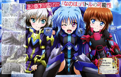  3girls ;d absurdres arm_over_shoulder black_hair black_legwear black_wings blue_eyes blue_hair blush bodysuit brown_hair cropped_jacket fingerless_gloves gloves grey_hair hair_ornament highres hug jacket juliet_sleeves kiso_yuuta levi_the_slasher long_hair long_skirt long_sleeves looking_at_viewer lord_dearche lyrical_nanoha magazine_request magical_girl mahou_shoujo_lyrical_nanoha mahou_shoujo_lyrical_nanoha_reflection multicolored_hair multiple_girls multiple_wings oerba_yun_fang one_eye_closed open_clothes open_jacket open_mouth puffy_sleeves purple_eyes short_hair sidelocks sitting skirt smile stern_the_destructor thighhighs translation_request twintails two-tone_hair waist_cape wings x_hair_ornament 