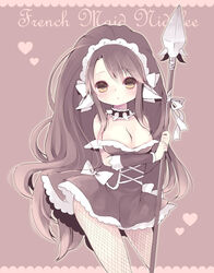  alternate_costume black_dress black_hair blush breasts brown_eyes cleavage commentary dress english_commentary female fishnet_pantyhose fishnets french_maid_nidalee konatsu_miyu large_breasts league_of_legends long_hair maid maid_headdress nidalee pantyhose polearm solo spear weapon 