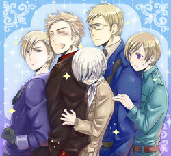  5boys axis_powers_hetalia blonde_hair blush cross denmark_(hetalia) finland_(hetalia) glasses iceland_(hetalia) male_focus military_uniform multiple_boys norway_(hetalia) purple_eyes smile sparkle sweden_(hetalia) 