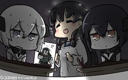  ! !! 3girls abyssal_ship abyssal_twin_princess_(black) abyssal_twin_princess_(white) animalization apron bad_food bear black_dress black_hair blush chikuma_(kancolle) closed_eyes commentary_request dated dress flying_sweatdrops hair_between_eyes hamu_koutarou highres isokaze_(kancolle) kantai_collection kappougi long_hair multiple_girls polar_bear short_hair sleeveless sleeveless_dress sparkle sweat turn_pale white_dress white_hair 