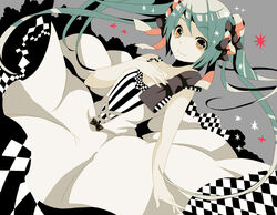  bati15 brown_eyes checkered commentary_request dress female green_hair hand_on_own_chest hatsune_miku long_hair solo twintails vocaloid 