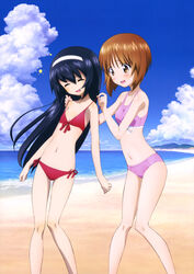  2girls :d ^_^ absurdres beach bikini black_hair blush body_blush breasts brown_hair closed_eyes cloud collarbone day flat_chest front-tie_top girls_und_panzer head_tilt highres knees_together_feet_apart leaning_to_the_side long_hair looking_at_another multiple_girls navel nishizumi_miho ocean official_art open_mouth outdoors pink_bikini red_bikini reizei_mako scan sky small_breasts smile sports_bikini standing strap_pull sugimoto_isao sweatdrop swimsuit very_long_hair water yoshida_nobuyoshi 