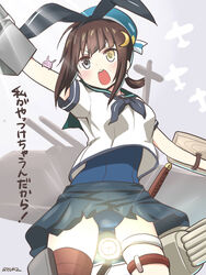  beret black_neckerchief brown_hair chimerism commentary crescent crescent_hair_ornament female fubuki_(kancolle) furutaka_(kancolle) fusion grey_eyes hair_ornament hair_ribbon hat heterochromia highres kantai_collection long_hair machinery neckerchief one-hour_drawing_challenge open_mouth ponytail ribbon ryuki_(ryukisukune) school_swimsuit school_uniform serafuku shimakaze_(kancolle) skirt solo swimsuit swimsuit_under_clothes takao_(kancolle) thighhighs translation_request ultimate_moe uzuki_(kancolle) yellow_eyes 