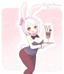  alternate_costume animal_ears battle_bunny_riven blush breasts brown_eyes character_name cleavage commentary female folded_ponytail food highres ice_cream konatsu_miyu large_breasts league_of_legends leotard open_mouth pantyhose playboy_bunny rabbit_ears rabbit_tail riven_(league_of_legends) short_hair solo tail white_hair 