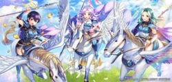  3girls armor belt blue_hair breastplate castle circlet closed_mouth cloud cloudy_sky commentary_request company_connection copyright_name day dress elbow_gloves farina_(fire_emblem) feathered_wings feathers fiora_(fire_emblem) fire_emblem fire_emblem:_the_blazing_blade fire_emblem_cipher florina_(fire_emblem) gloves gold green_eyes headband highres holding holding_weapon horns huey_(fire_emblem) light_purple_hair long_hair looking_at_viewer matsurika_youko multiple_girls official_art open_mouth outdoors pegasus_knight_uniform_(fire_emblem) polearm purple_eyes rainbow shiny short_dress short_hair short_sleeves shoulder_armor shoulder_pads siblings single_horn sisters sky smile spear sunlight thighhighs weapon wings zettai_ryouiki 