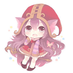  blush chibi commentary dress female konatsu_miyu league_of_legends long_hair long_sleeves lulu_(league_of_legends) open_mouth purple_eyes purple_hair solo staff white_background yordle 