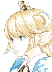  blonde_hair blue_eyes charlotta_(granblue_fantasy) commentary_request female frown granblue_fantasy hair_between_eyes harvin long_hair looking_up pointy_ears portrait serious simple_background solo walkalone white_background 