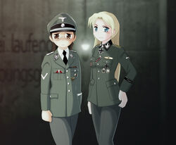  8th_ss_cavalry_division_florian_geyer blonde_hair blue_eyes brown_eyes brown_hair check_commentary commentary_request cross der_untergang genderswap_(mtf) german_text glasses hat heinrich_luitpold_himmler hermann_otto_fegelein highres iron_cross medal military military_hat military_uniform nazi peaked_cap photoshop_(medium) rule_63 saitou_kaoru_(nashorn) totenkopf uniform waffen-ss world_war_ii 