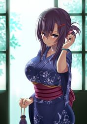  backlighting bead_bracelet beads blue_kimono blush bracelet breasts closed_mouth commentary_request day female floral_print hair_between_eyes hair_ornament hairclip hand_up indoors japanese_clothes jewelry kimono kinchaku konohana_enishi large_breasts light_smile long_hair looking_at_viewer obi original pouch purple_eyes purple_hair sash sengoku_aky sidelocks smile solo upper_body 