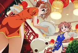  2girls :3 alternate_costume bamboo_steamer baozi blue_dress brown_eyes brown_hair bun_cover china_dress chinese_clothes commentary_request double_bun dress food from_below gekota hair_bun highres lantern long_hair looking_at_viewer misaka_mikoto multiple_girls official_style open_mouth orange_dress plate shirai_kuroko short_hair sleeveless sleeveless_dress smile toaru_kagaku_no_railgun toaru_majutsu_no_index tomato_(lsj44867) 