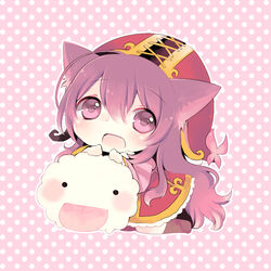  blush chibi commentary dress english_commentary female konatsu_miyu league_of_legends long_hair lulu_(league_of_legends) open_mouth poro_(league_of_legends) purple_eyes purple_hair smile solo yordle 